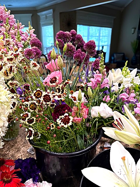 Workspace with fresh-cut flowers